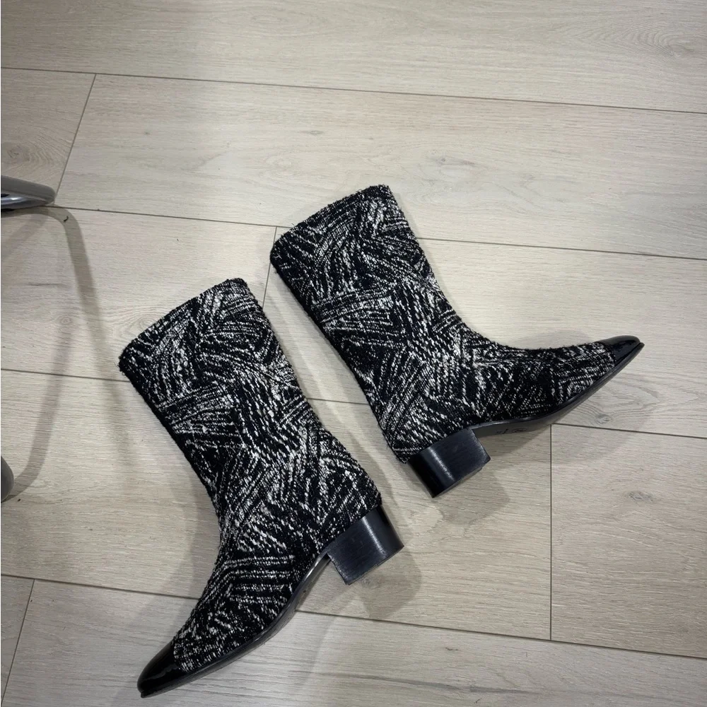 CHANEL Two Tone Tweed Boots 37.5